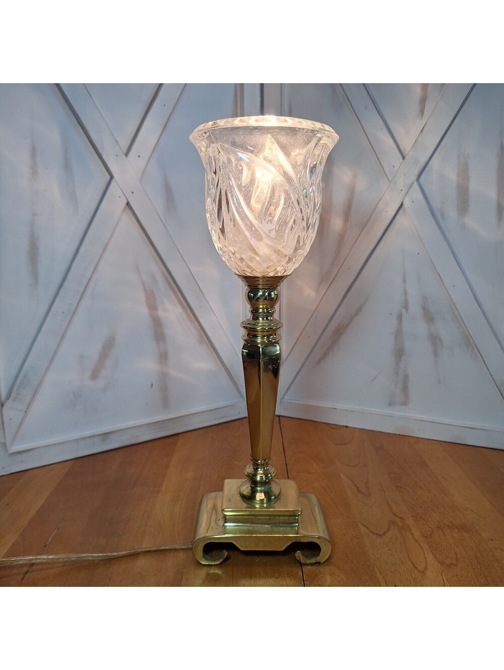 VTG Brass Based Torchiere 16" Table Lamp w/Thick Cut Glass Crystal Shade